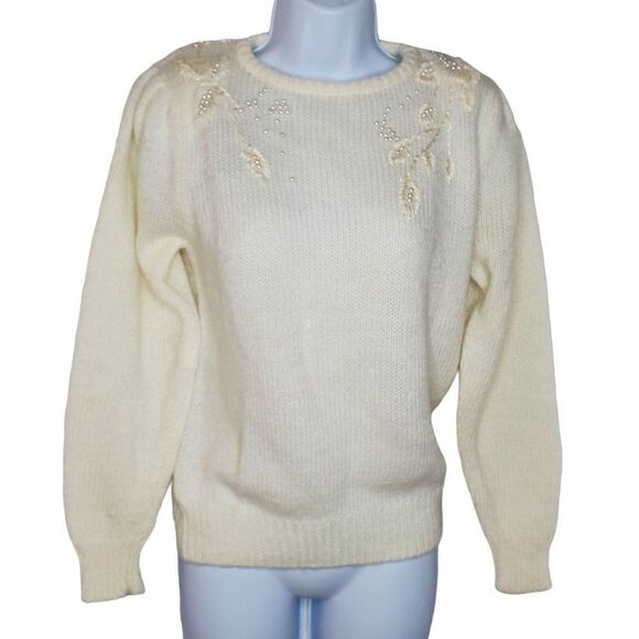 Vintage Embroidered Sweater Faux Pearl Beading Cottagecore Winter Off White Sz M - Picture 1 of 5